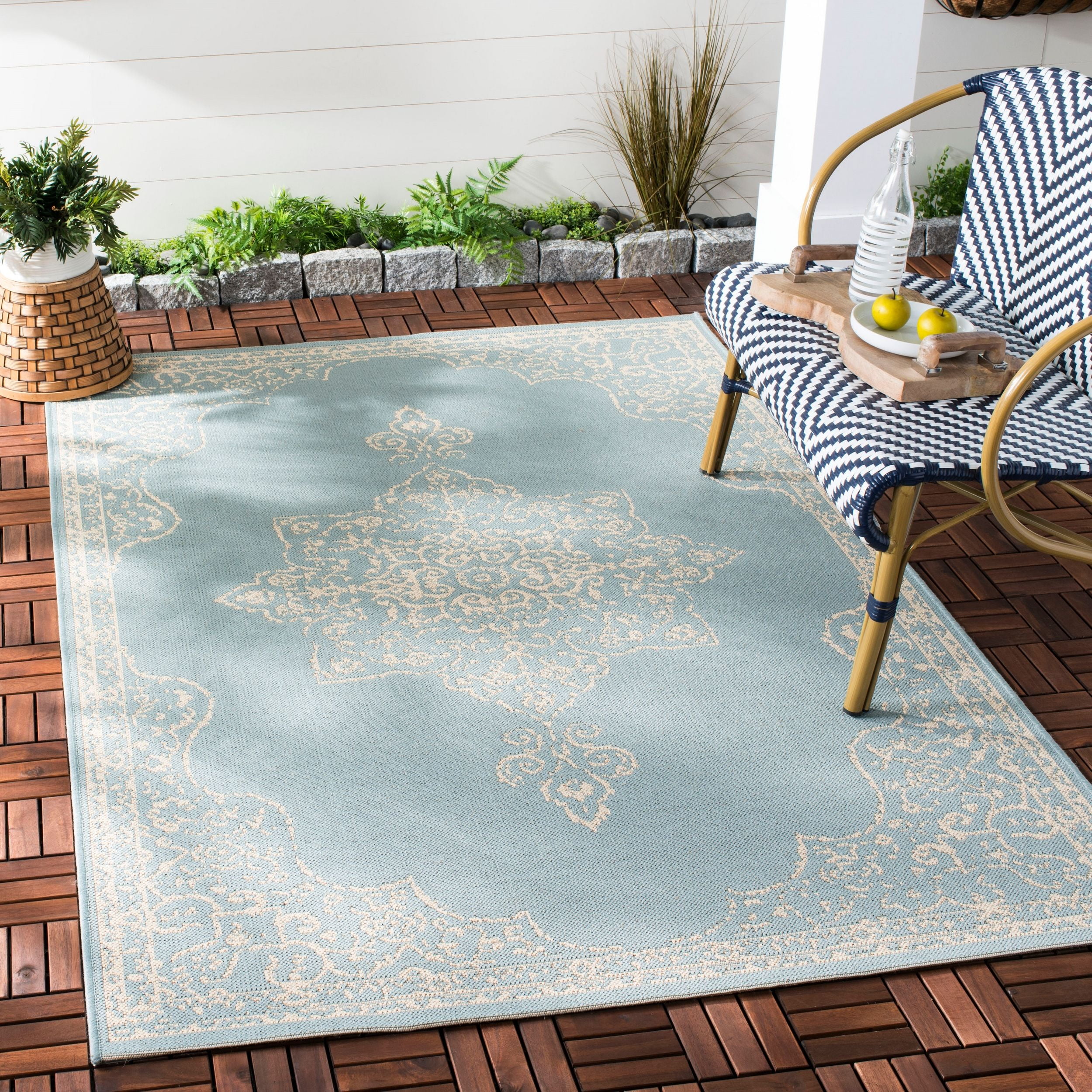 Cream and Aqua Rectangular Washable Synthetic Area Rug