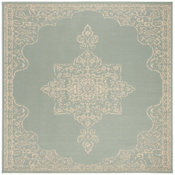 SAFAVIEH Beach House Janine Medallion Indoor/Outdoor Area Rug, Cream/Aqua, 4' x 4' Square