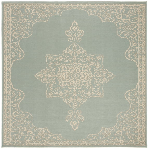 SAFAVIEH Beach House Janine Medallion Indoor/Outdoor Area Rug, Cream/Aqua, 4' x 4' Square