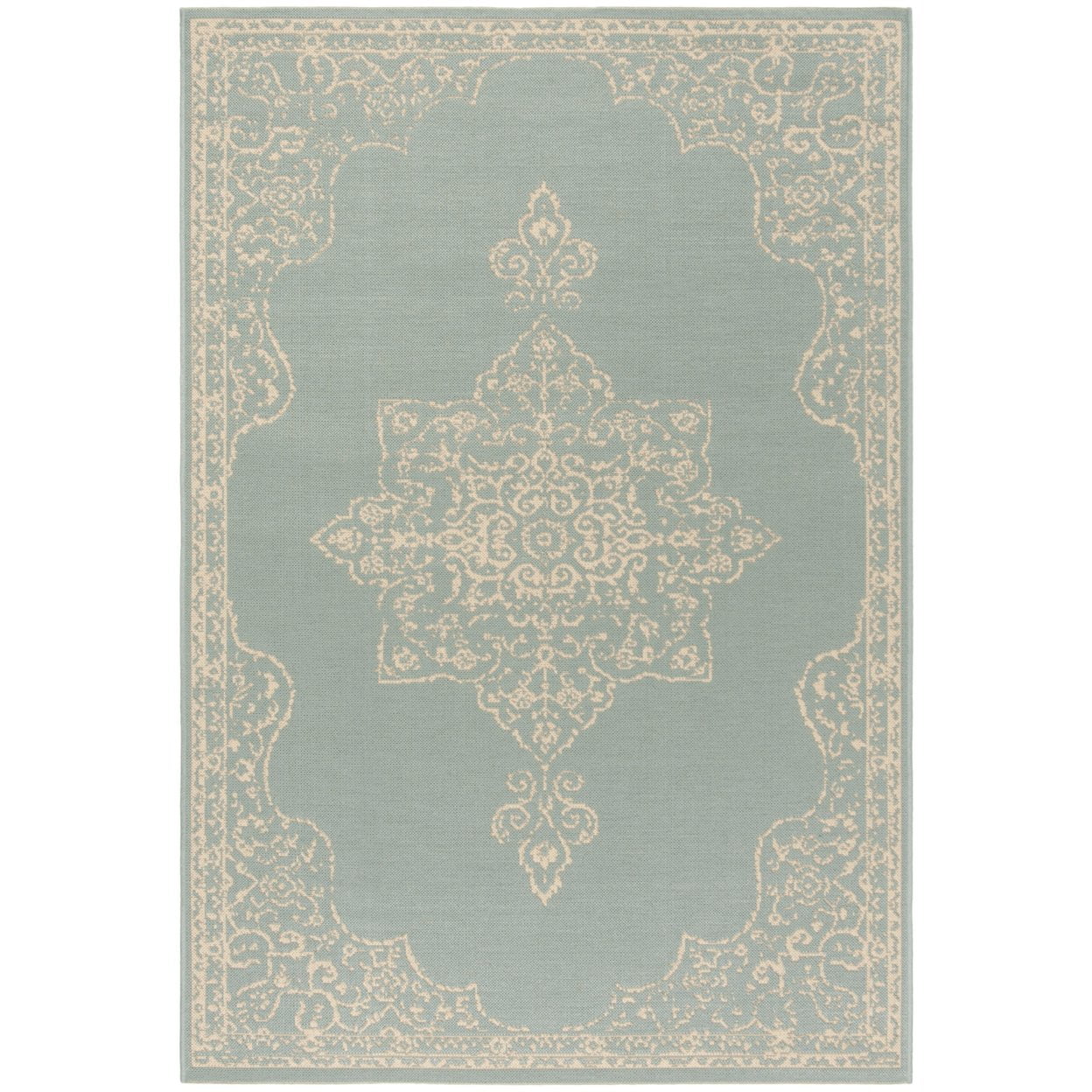 Cream/Aqua Synthetic Easy-Care Outdoor Area Rug - 6'7" x 9'2"
