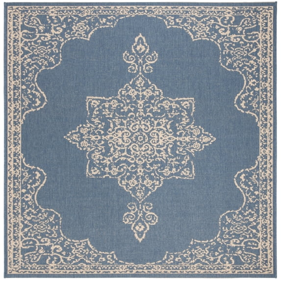 SAFAVIEH Beach House Janine Medallion Indoor/Outdoor Area Rug, Cream/Blue, 4' x 4' Square