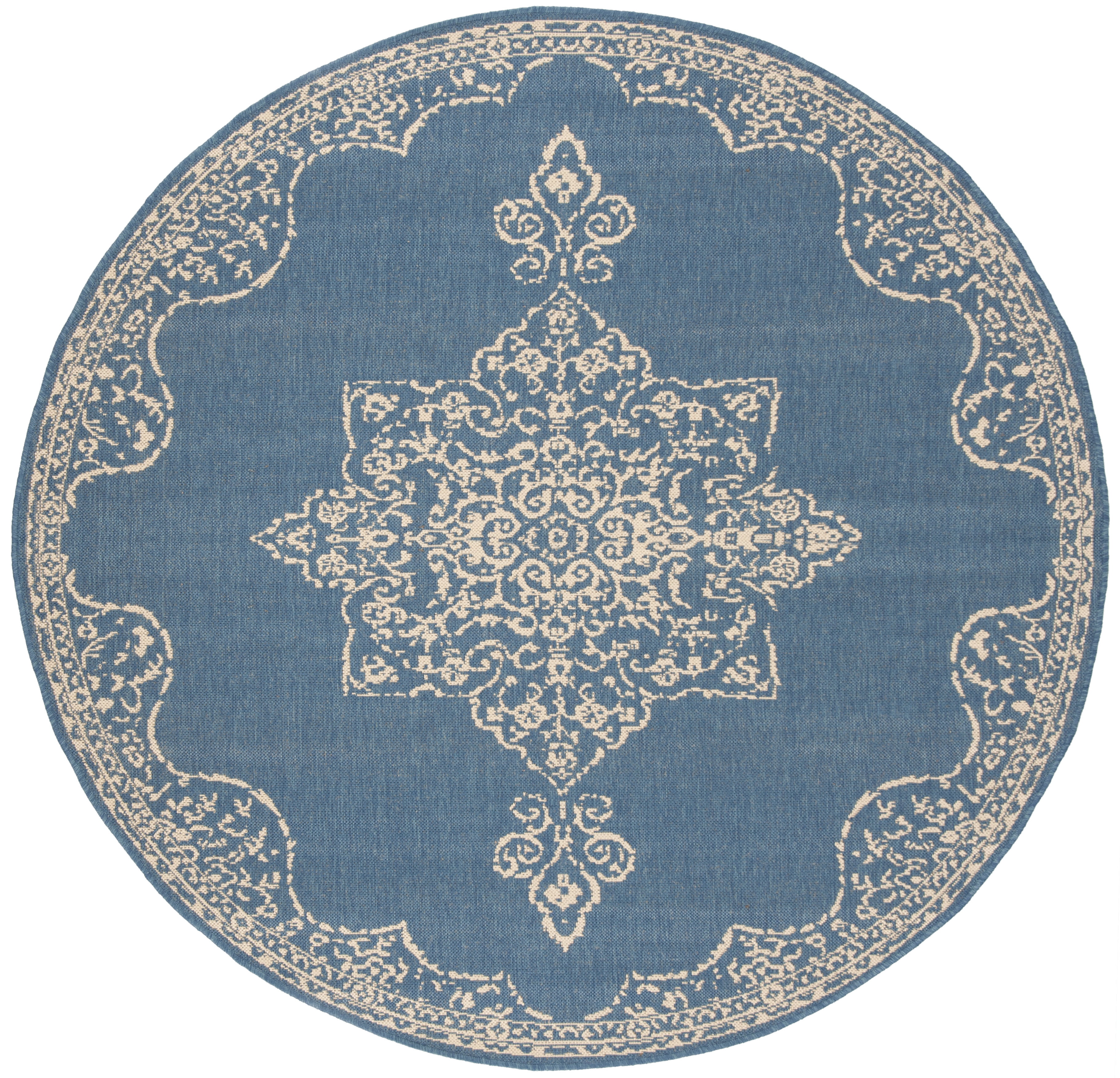 SAFAVIEH Beach House Janine Medallion Indoor/Outdoor Area Rug, Cream/Blue, 6'7" x 6'7" Round