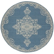SAFAVIEH Beach House Janine Medallion Indoor/Outdoor Area Rug, Cream/Blue, 6'7" x 6'7" Round