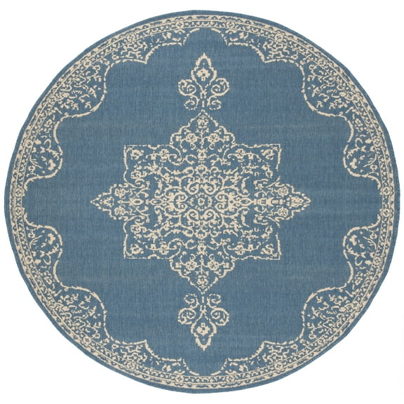SAFAVIEH Beach House Janine Medallion Indoor/Outdoor Area Rug, Cream/Blue, 6'7" x 6'7" Round