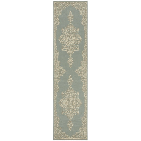SAFAVIEH Beach House Janine Medallion Indoor/Outdoor Runner Rug, Cream/Aqua, 2'2" x 6'