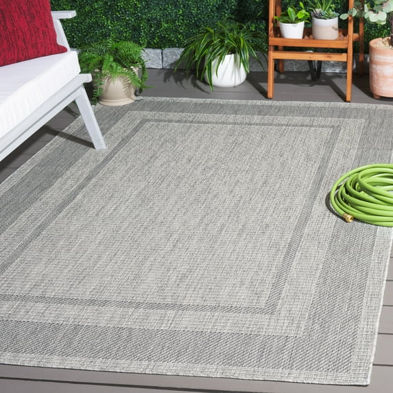 SAFAVIEH Beach House Joakim Bordered Indoor/Outdoor Area Rug, Gray/Charcoal, 6'7" x 6'7" Square
