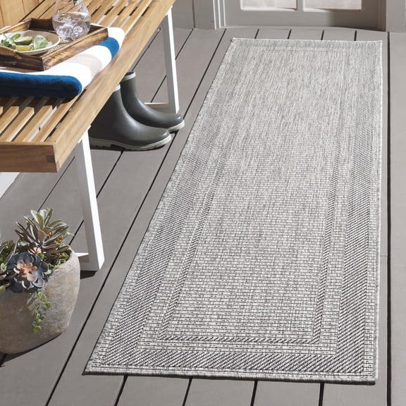 SAFAVIEH Beach House Joakim Bordered Indoor/Outdoor Runner Rug, Gray/Charcoal, 2'2" x 8'