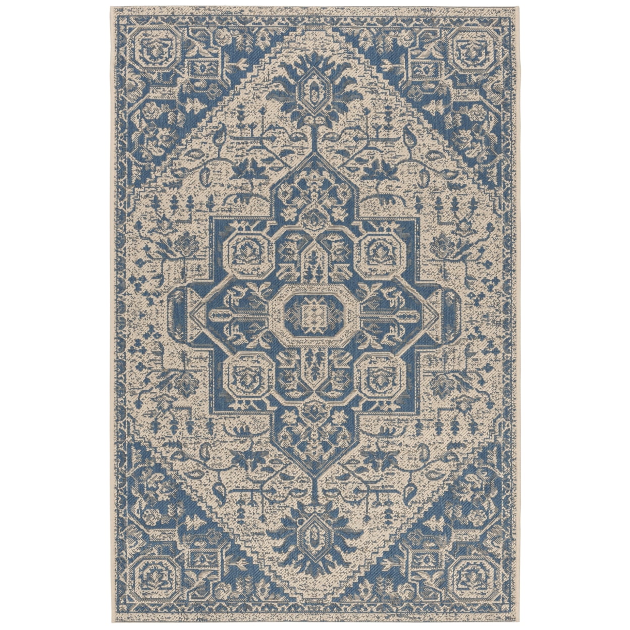 Cream and Blue Synthetic Easy Care Outdoor Rug
