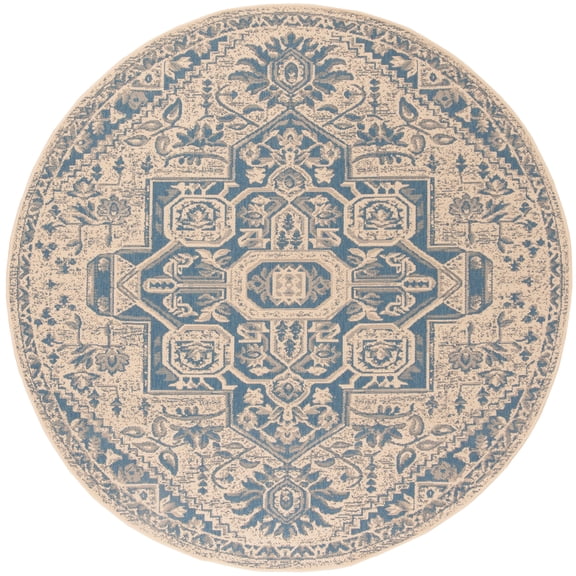 SAFAVIEH Beach House Jose Geometric Indoor/Outdoor Area Rug Blue/Cream, 6'7" x 6'7" Round
