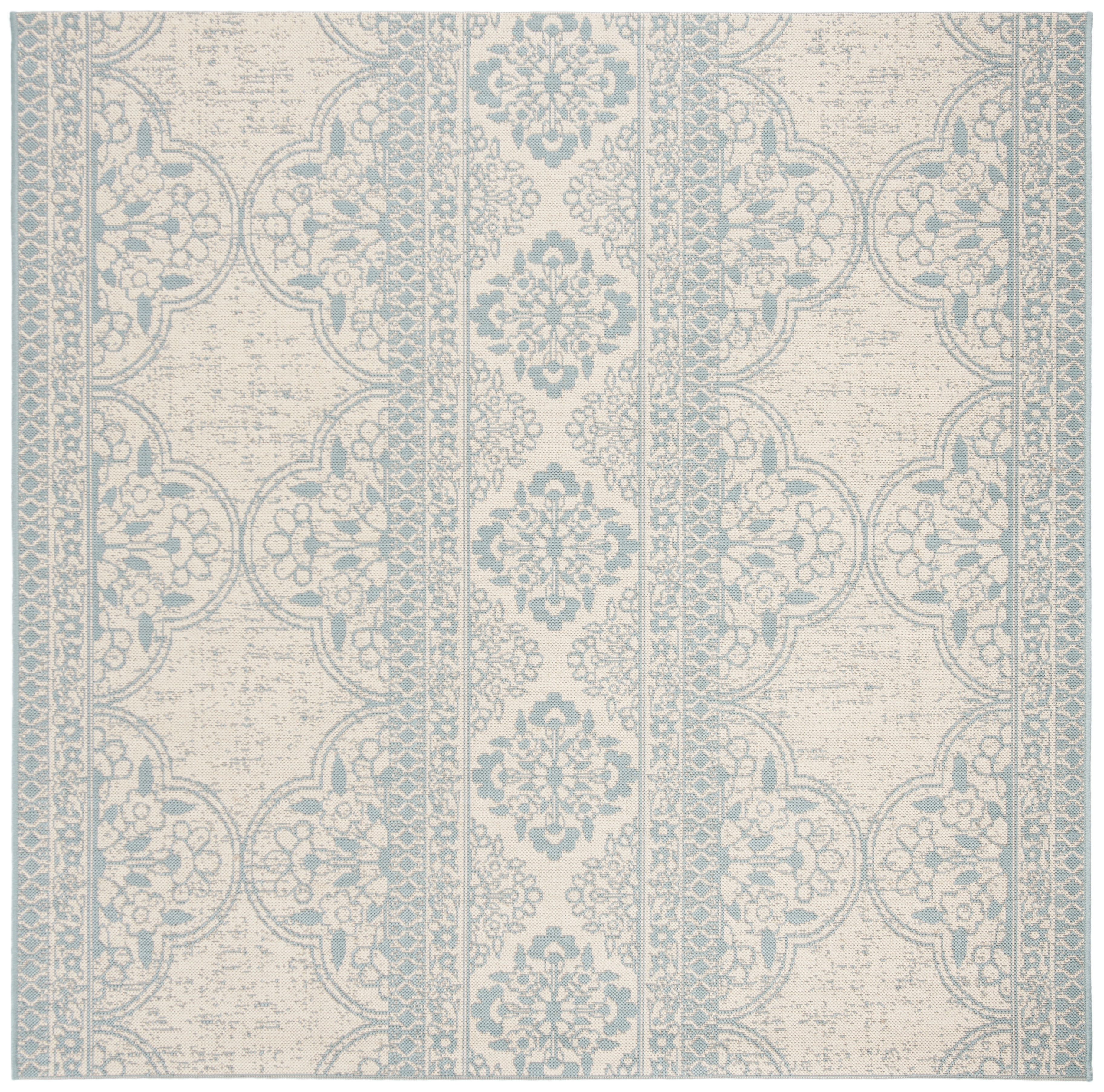Aqua and Cream Geometric Synthetic Square Area Rug, 4' x 4'