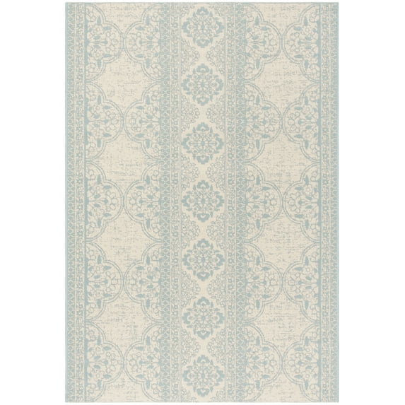SAFAVIEH Beach House Justine Geometric Indoor/Outdoor Area Rug, Aqua/Cream, 6'7" x 9'2"