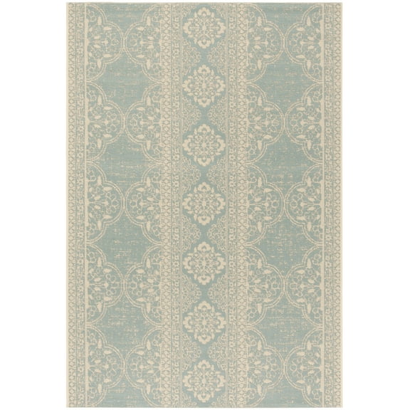 SAFAVIEH Beach House Justine Geometric Indoor/Outdoor Area Rug, Cream/Aqua, 6'7" x 9'2"