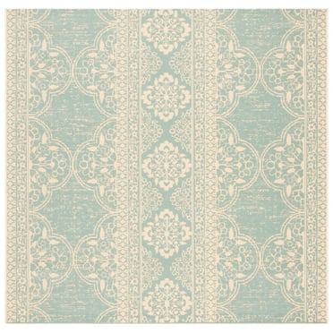 SAFAVIEH Beach House Justine Geometric Indoor/Outdoor Area Rug, Cream/Aqua, 8' x 8' Square