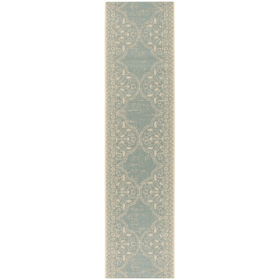 SAFAVIEH Beach House Justine Geometric Indoor/Outdoor Runner Rug, Cream/Aqua, 2'2" x 10'
