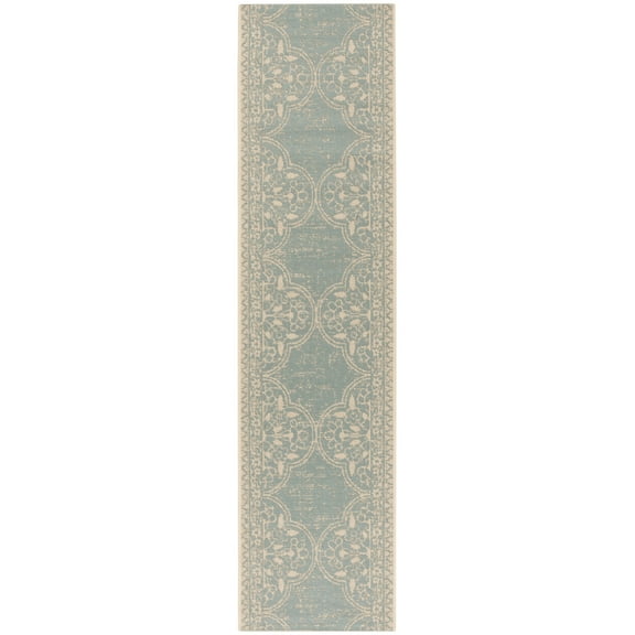 SAFAVIEH Beach House Justine Geometric Indoor/Outdoor Runner Rug, Cream/Aqua, 2'2" x 10'
