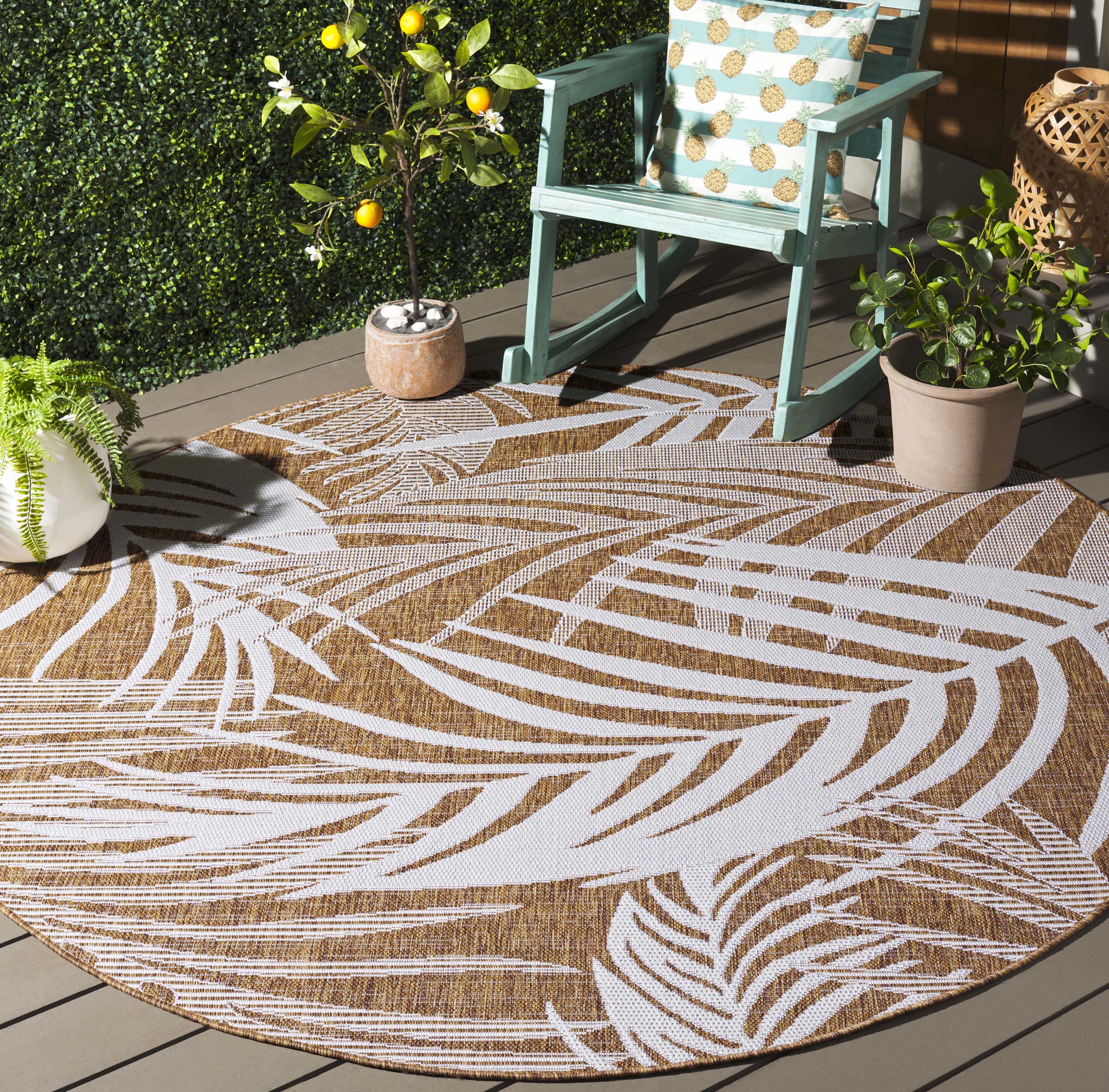 SAFAVIEH Beach House Kaeden Botanical Indoor/Outdoor Area Rug, Brown/Ivory, 6'7" x 6'7" Round