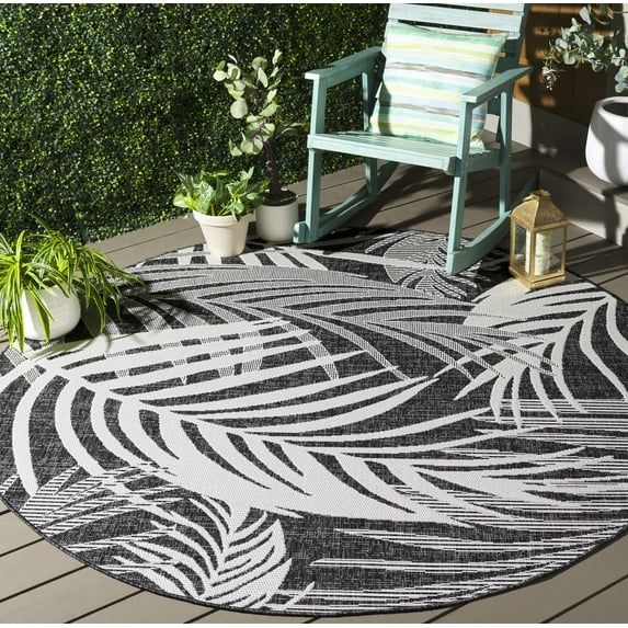 SAFAVIEH Beach House Kaeden Botanical Indoor/Outdoor Area Rug, Charcoal/Ivory, 6'7" x 6'7" Round