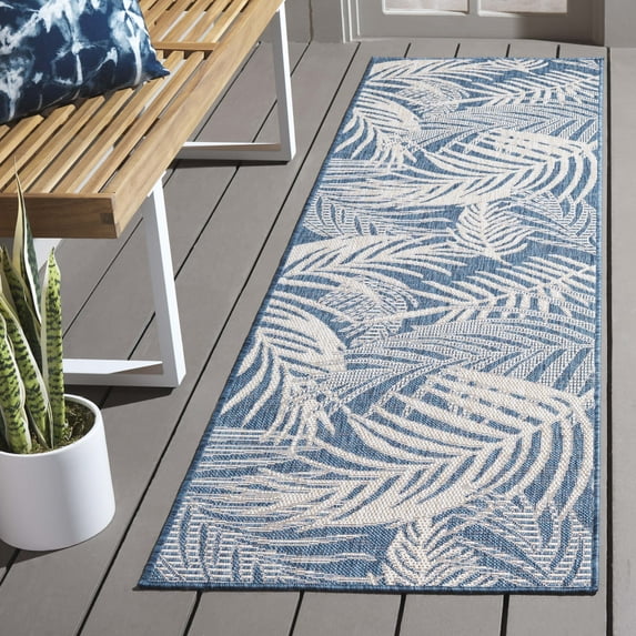 SAFAVIEH Beach House Kaeden Botanical Indoor/Outdoor Runner Rug, Blue/Ivory, 2'2" x 8'