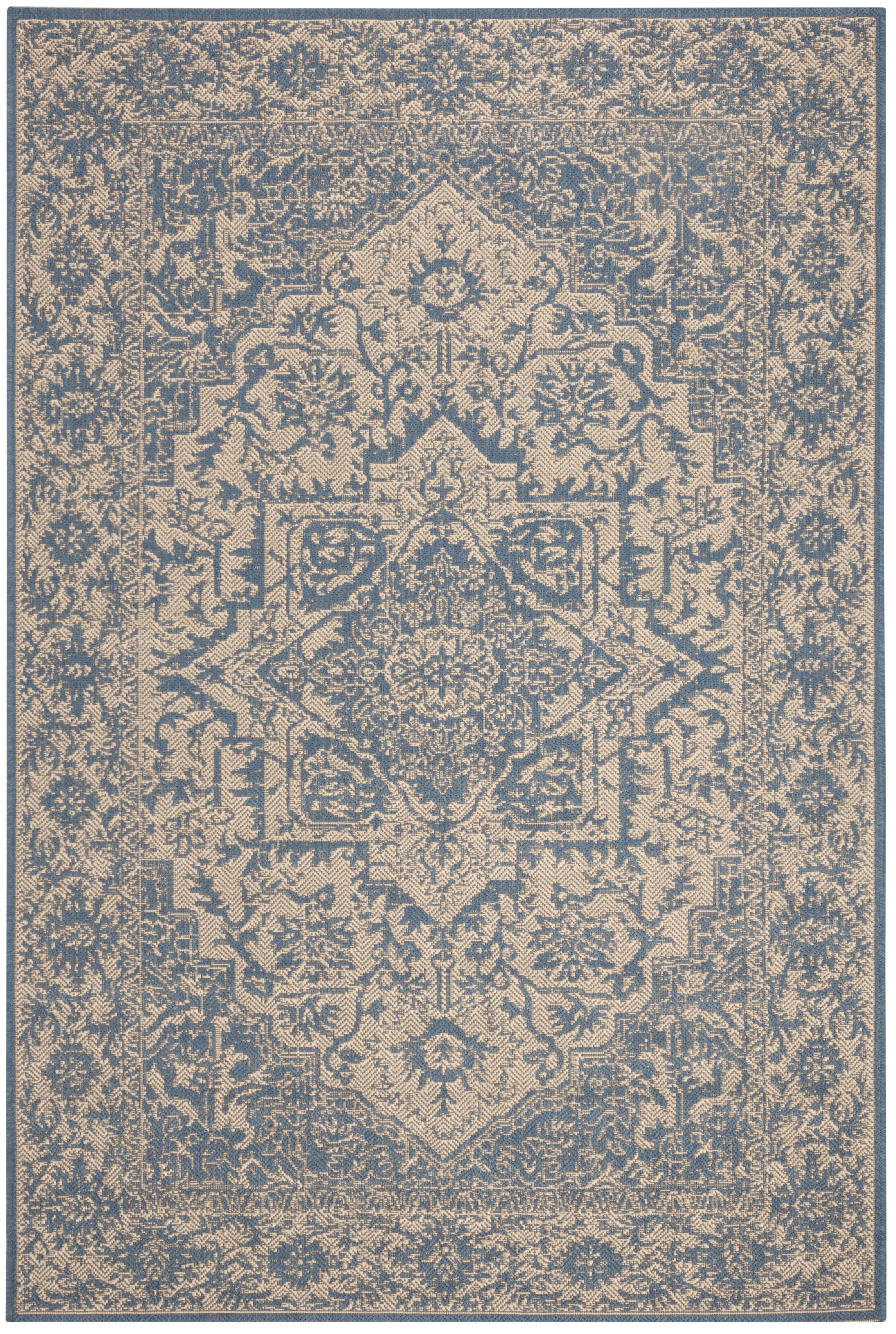 Cream and Blue Synthetic Medallion Accent Rug, 2'-2" x 4'