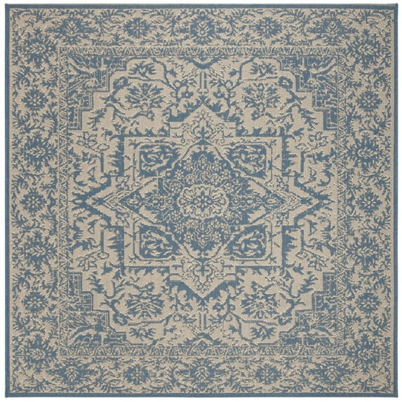 SAFAVIEH Beach House Kestrel Medallion Indoor/Outdoor Area Rug, Cream/Blue, 4' x 4' Square