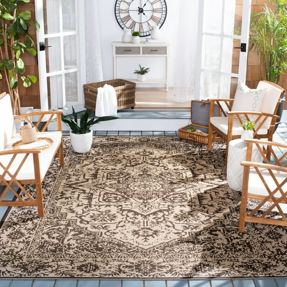 SAFAVIEH Beach House Kestrel Medallion Indoor/Outdoor Runner Rug, Cream/Brown, 2'2" x 6'