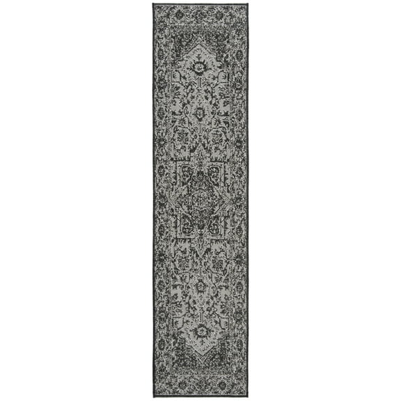 SAFAVIEH Beach House Kestrel Medallion Indoor/Outdoor Runner Rug, Light Grey/Charcoal, 2'2" x 10'