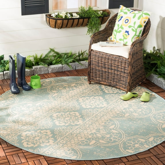 SAFAVIEH Beach House Kiaran Southwestern Indoor/Outdoor Area Rug Cream/Aqua, 6'7" x 6'7" Round