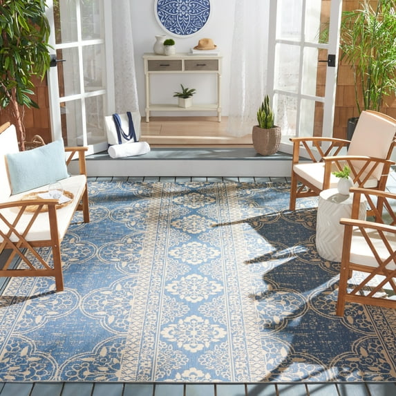 SAFAVIEH Beach House Kiaran Southwestern Indoor/Outdoor Area Rug Cream/Blue, 6'7" x 6'7" Square