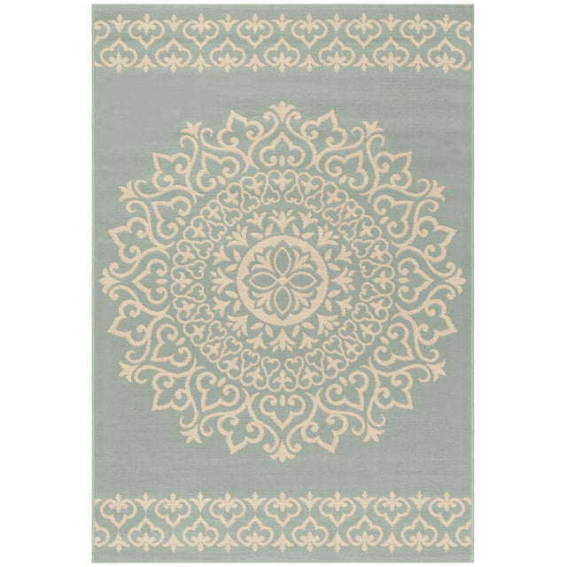 SAFAVIEH Beach House Lynette Medallion Indoor/Outdoor Area Rug, Cream/Aqua, 3' x 5'