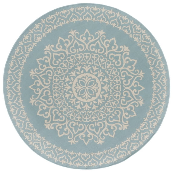 SAFAVIEH Beach House Lynette Medallion Indoor/Outdoor Area Rug, Cream/Aqua, 4' x 4' Round