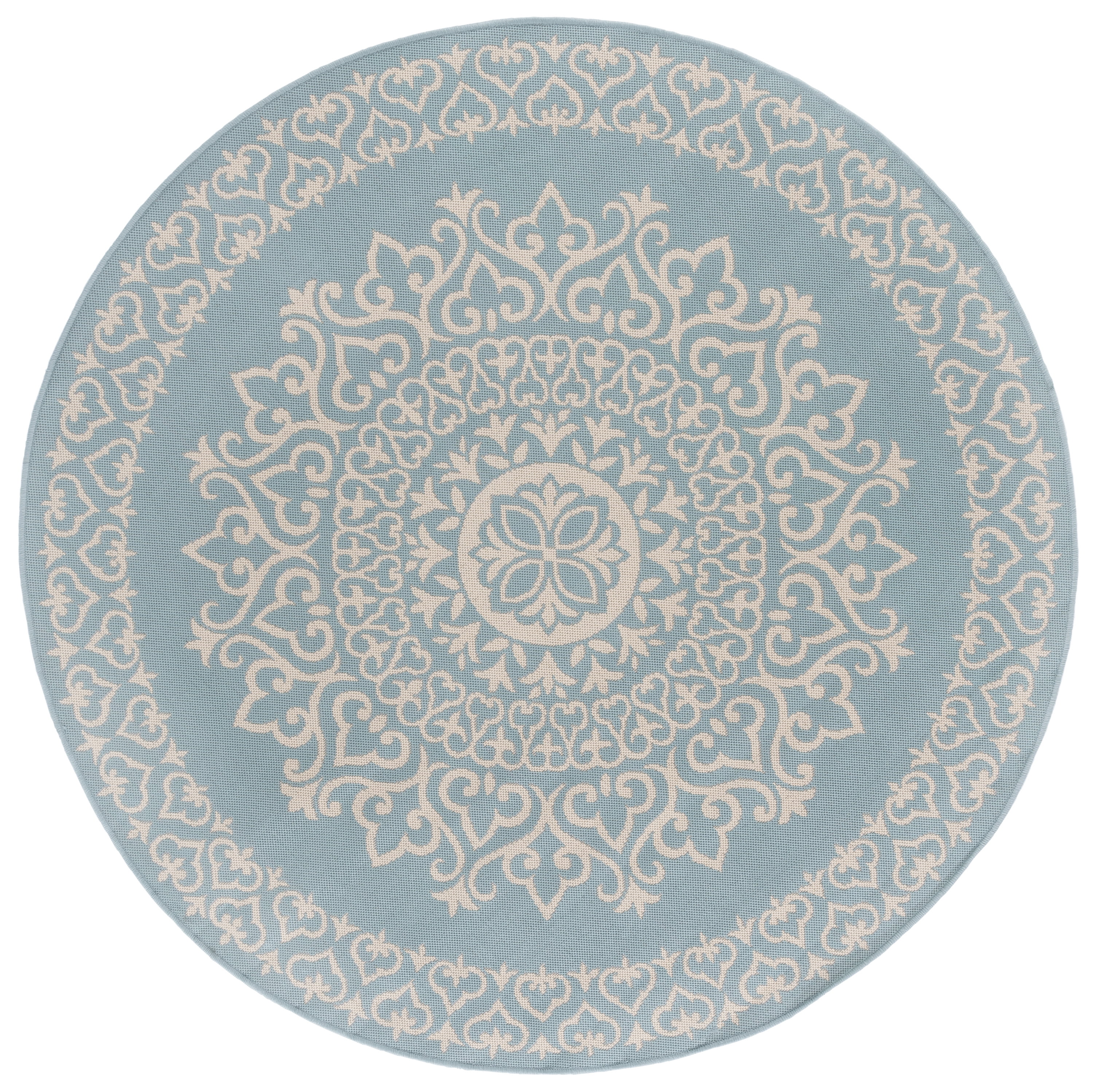 SAFAVIEH Beach House Lynette Medallion Indoor/Outdoor Area Rug, Cream/Aqua, 8' x 8' Round