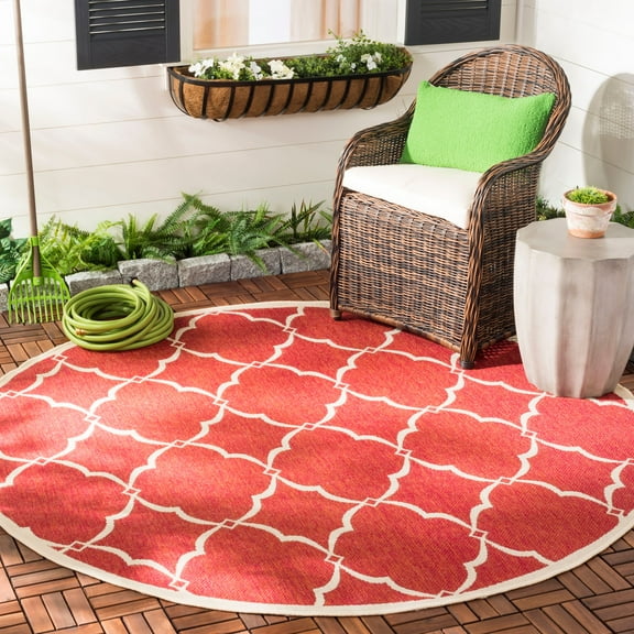 SAFAVIEH Beach House Nick Indoor/Outdoor Area Rug Red/Cream, 6'7" x 6'7" Round