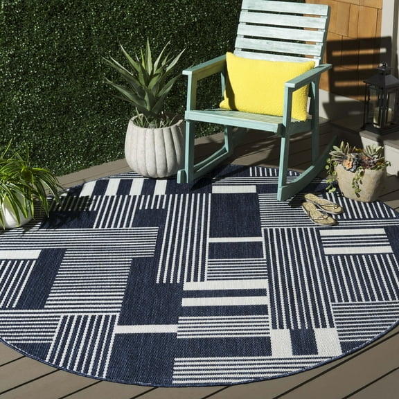 SAFAVIEH Beach House Quinn Geometric Indoor/Outdoor Area Rug, Navy/Ivory, 6'7" x 6'7" Round