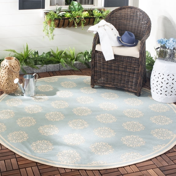 Safavieh Beach House Regent Geometric Indoor/Outdoor Area Rug, Aqua/Cream, 4' x 4' Round - Traditional Design, Aqua & Cream, Weather Resistant, Non-Shedding & Easy Cleaning, Ideal for Patio, Entryway
