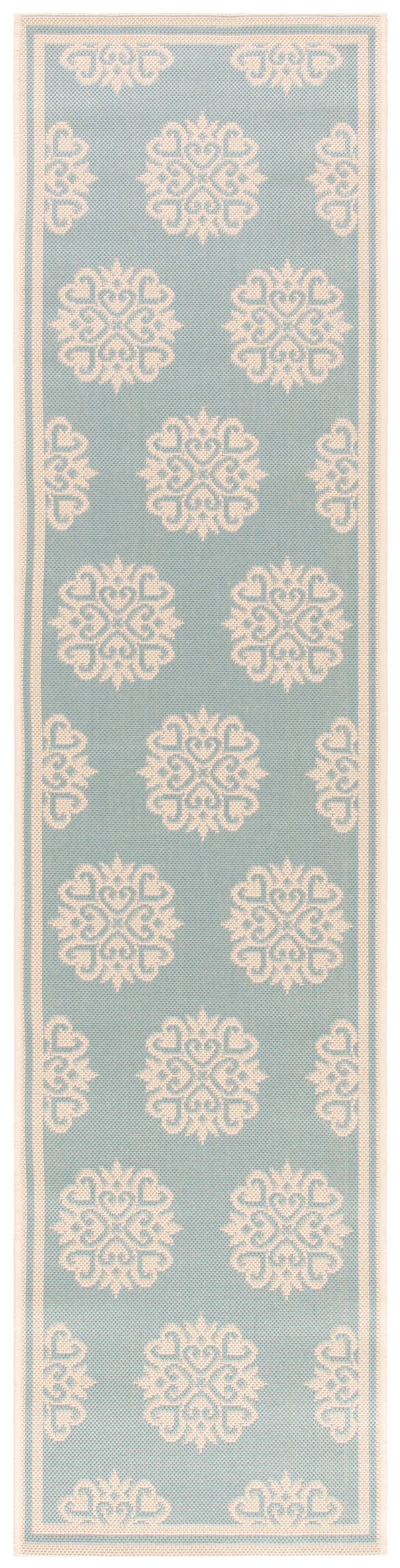 Aqua and Cream Geometric Indoor/Outdoor Runner Rug 2'2" x 6'