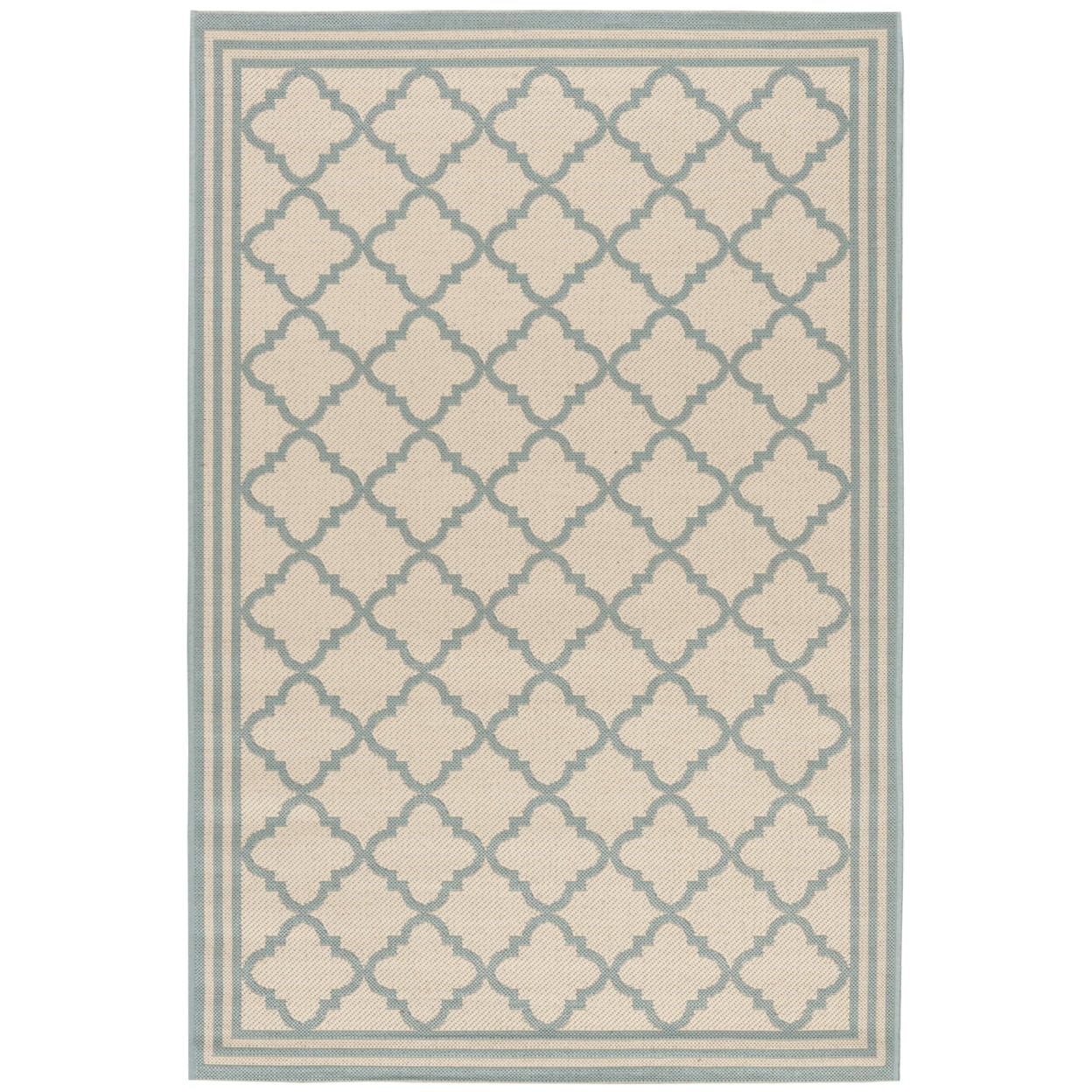 Cream and Aqua Geometric Pattern Synthetic Indoor/Outdoor Rug, 3' x 5'
