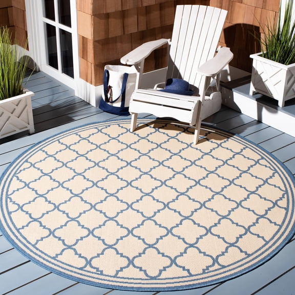 SAFAVIEH Beach House Richard Geometric Indoor/Outdoor Area Rug, Cream/Blue, 6'7" x 6'7" Round