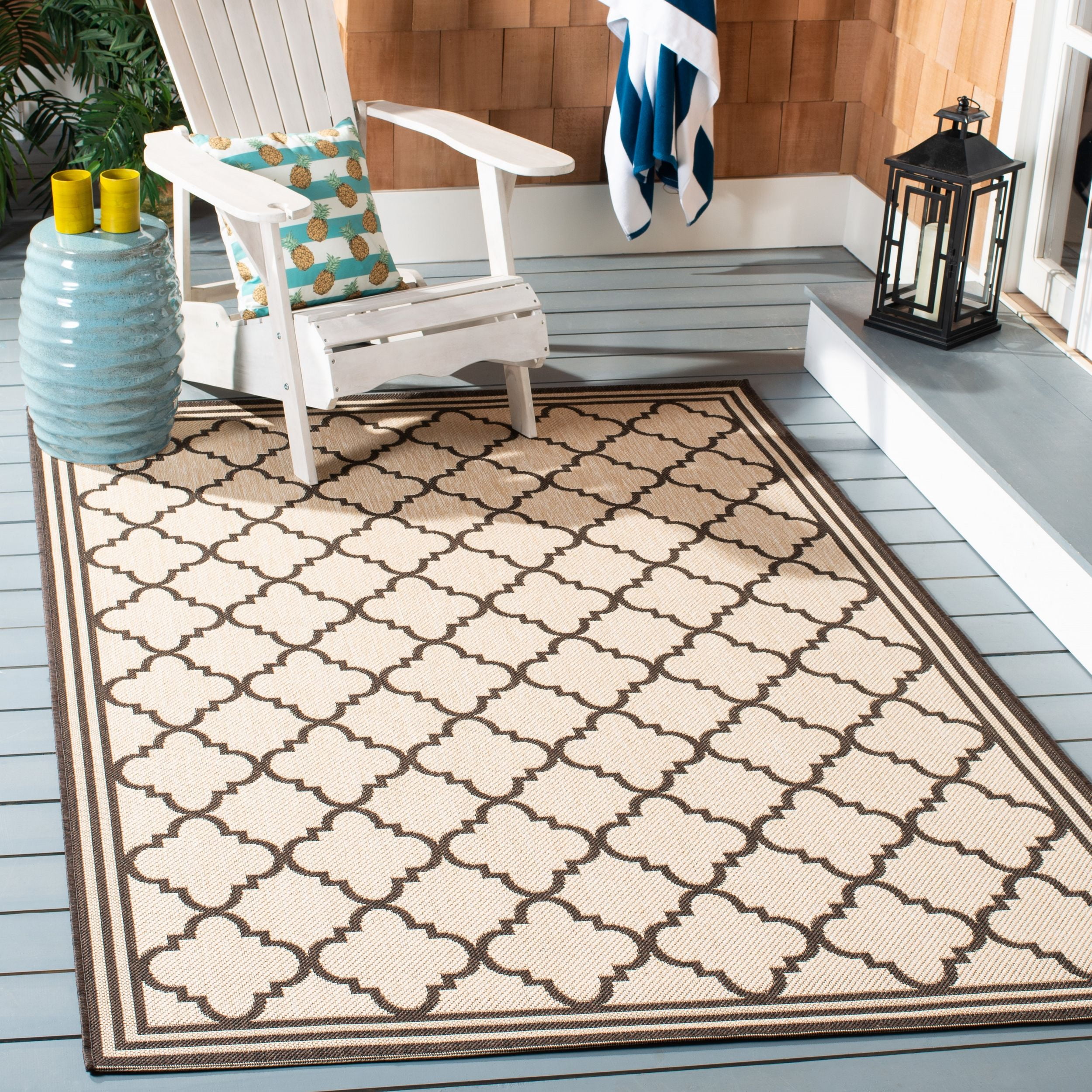 SAFAVIEH Beach House Richard Geometric Indoor/Outdoor Area Rug, Creme/Brown, 6'7" x 6'7" Square