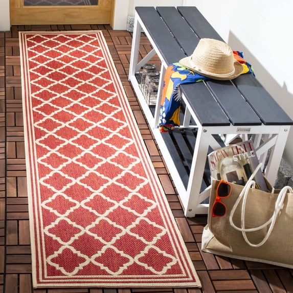 SAFAVIEH Beach House Richard Geometric Indoor/Outdoor Runner Rug, Red/Creme, 2'2" x 14'