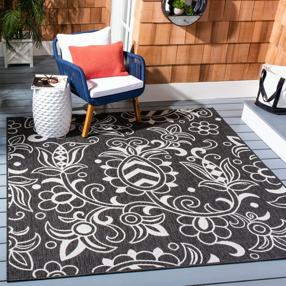 SAFAVIEH Beach House Robynne Botanical Indoor/Outdoor Area Rug, Black/Light Gray, 6'7" x 6'7" Square