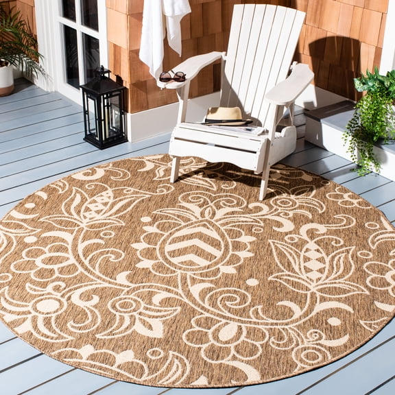 SAFAVIEH Beach House Robynne Botanical Indoor/Outdoor Area Rug, Brown/Beige, 6'7" x 6'7" Round