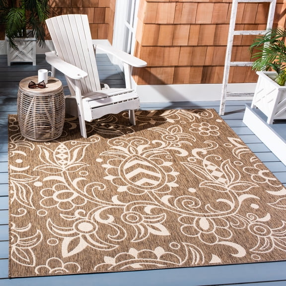 SAFAVIEH Beach House Robynne Botanical Indoor/Outdoor Area Rug, Brown/Beige, 6'7" x 6'7" Square
