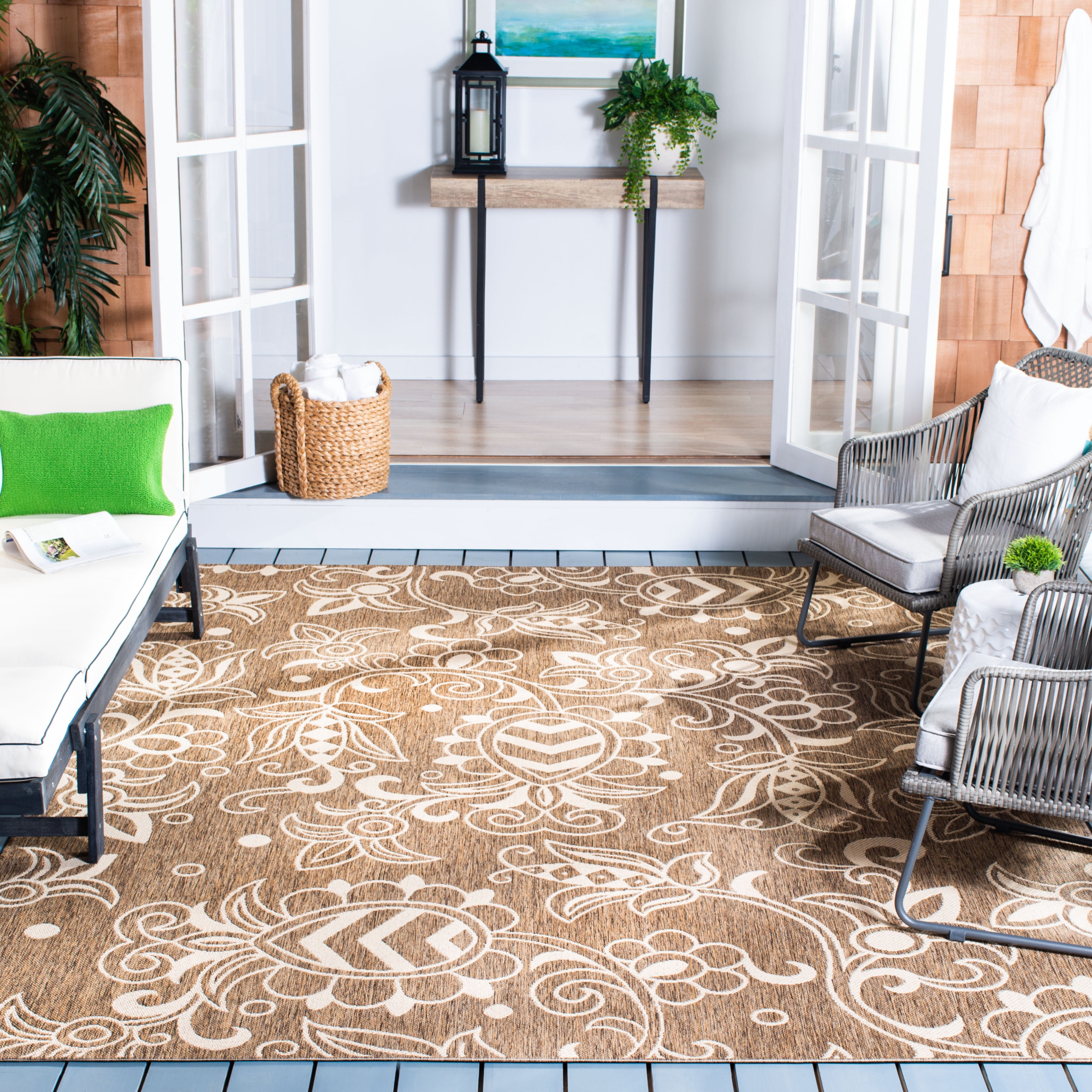 SAFAVIEH Beach House Robynne Botanical Indoor/Outdoor Area Rug, Brown/Beige, 8' x 10'