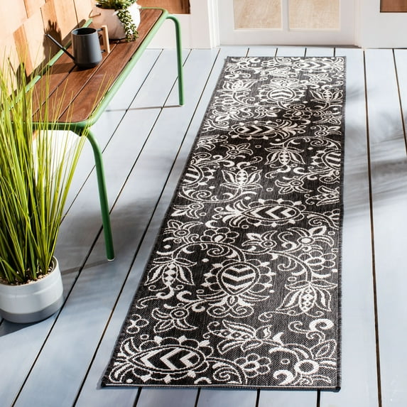 SAFAVIEH Beach House Robynne Botanical Indoor/Outdoor Runner Rug, Black/Light Gray, 2'2" x 8'