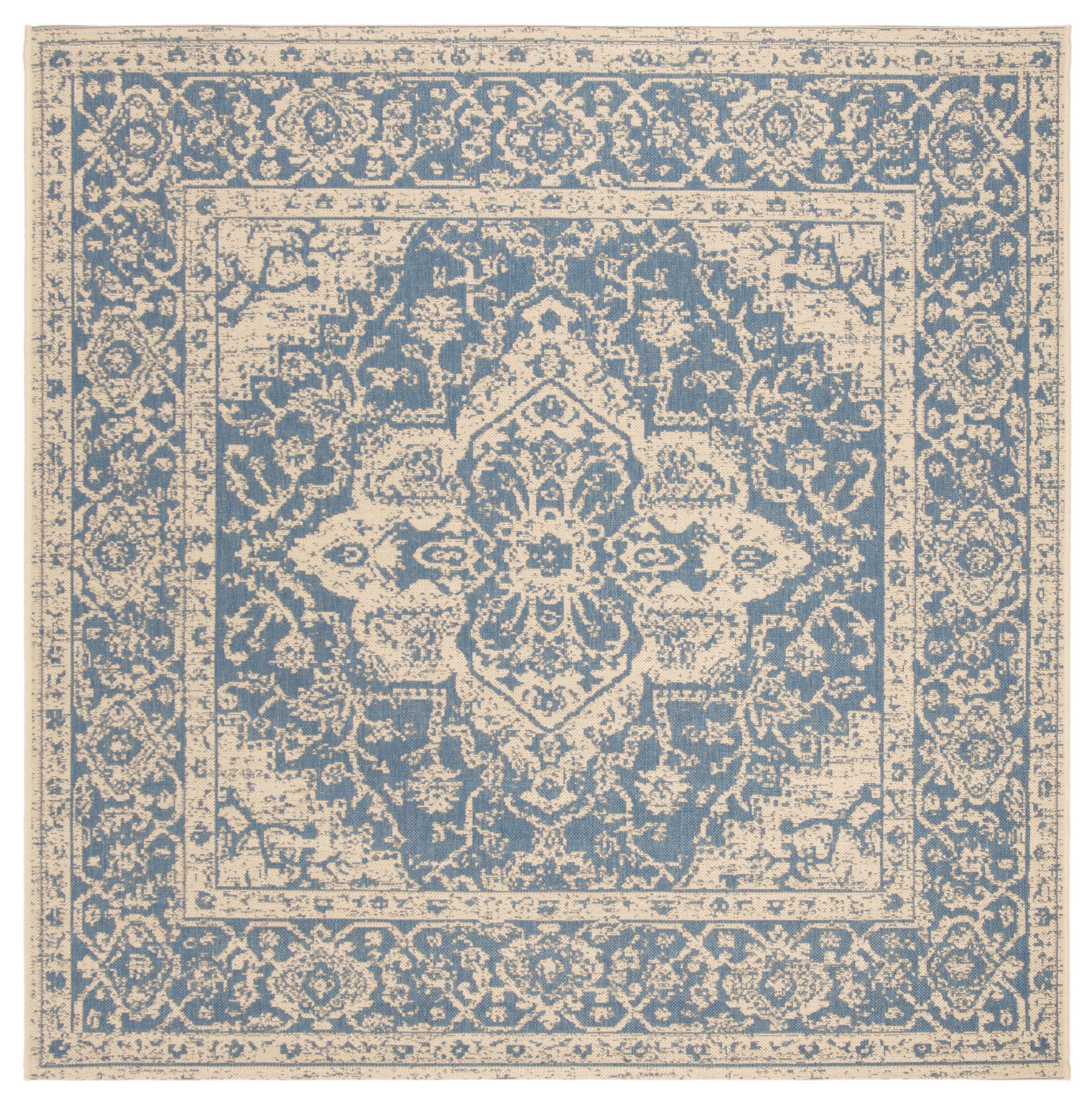 Beach House Blue and Cream Synthetic Square Area Rug