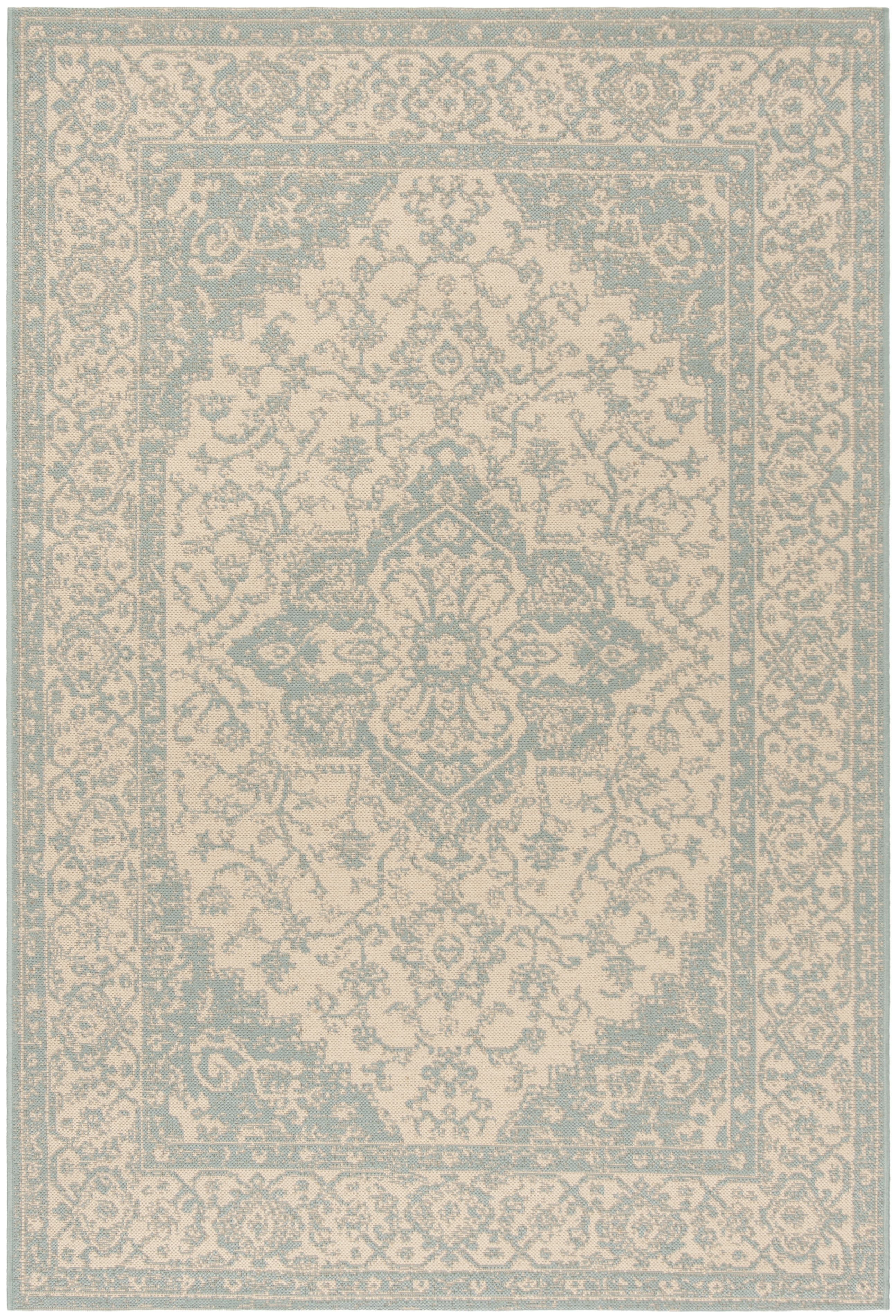 Cream and Aqua Medallion Synthetic Indoor/Outdoor Rug, 3' x 5'