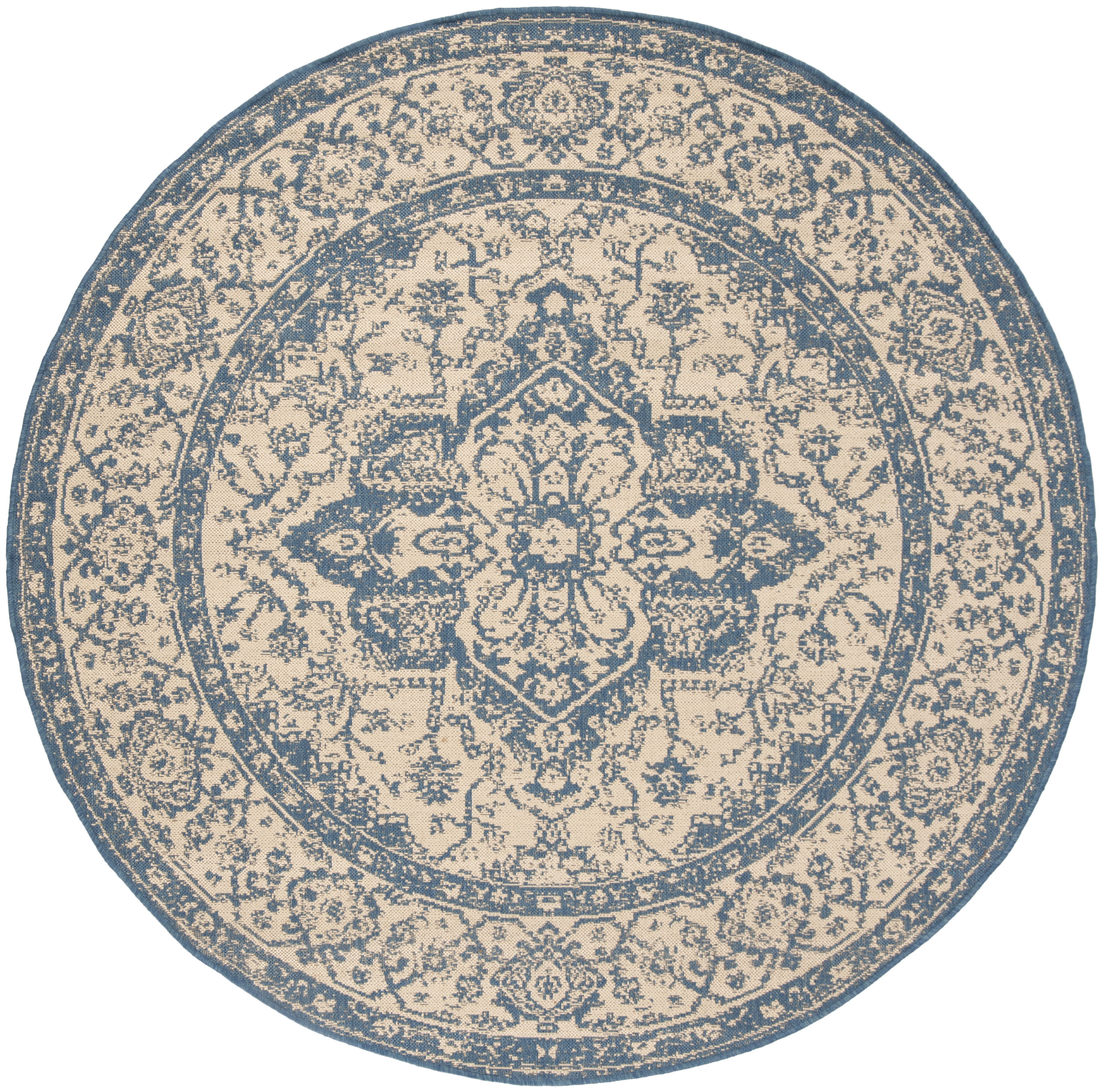 SAFAVIEH Beach House Stanice Medallion Indoor/Outdoor Area Rug, Cream/Blue, 6'7" x 6'7" Round