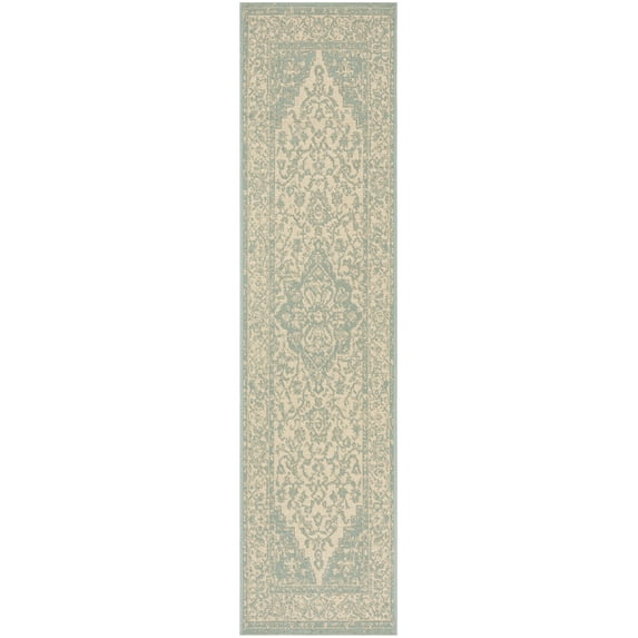 SAFAVIEH Beach House Stanice Medallion Indoor/Outdoor Runner Rug, Cream/Aqua, 2'2" x 10'