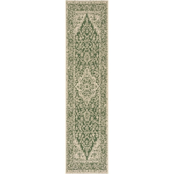 SAFAVIEH Beach House Stanice Medallion Indoor/Outdoor Runner Rug, Green/Creme, 2'2" x 14'