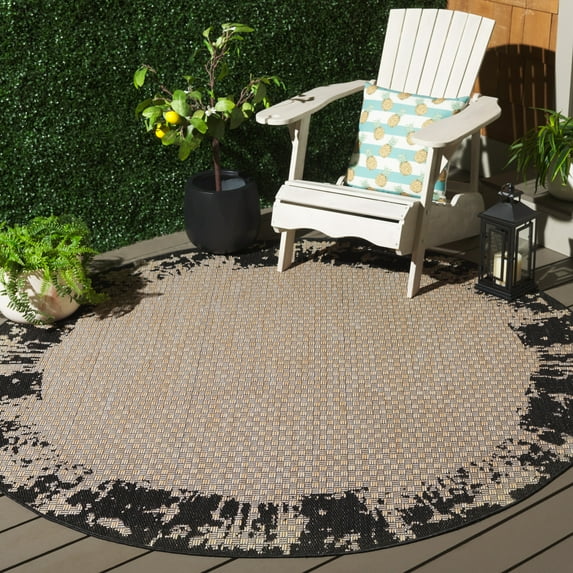 SAFAVIEH Beach House Teale Distressed Indoor/Outdoor Area Rug, Black/Beige, 6'7" x 6'7" Round